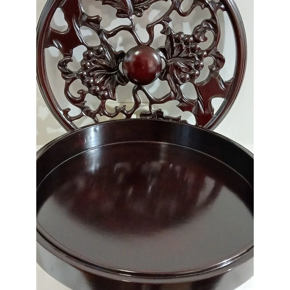 Vintage Wood Display  lazy susan Ornate Carved Grape Vine‎ Leaf Motif